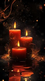 Three Red Candles with Luminous Sparks and Reflections.