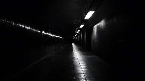 Monochrome underground corridor with stark fluorescent lighting.