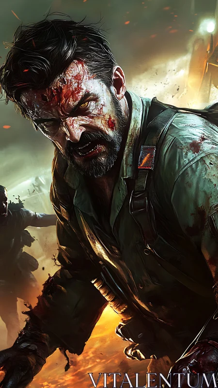 Battle-scarred soldier charges through infernal warzone.