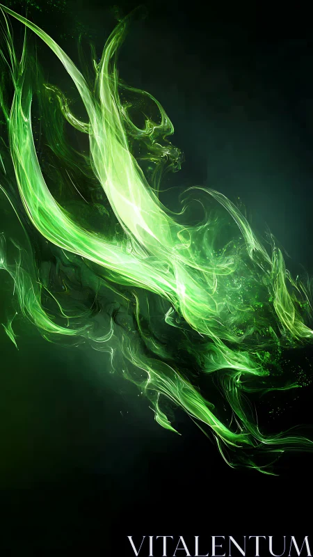 Emerald flame dragon swirling through deep shadowed night.