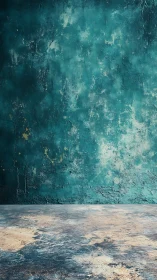 Textured turquoise wall with worn concrete floor surface.