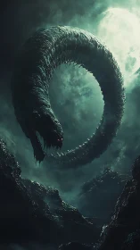 Giant serpent loops through dark mountains under moonlight.