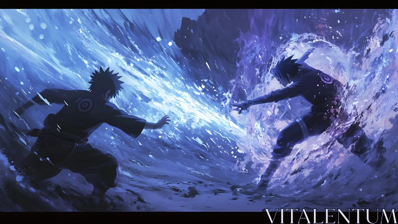 Opposed chakra wavefronts in high-energy aquatic collision.