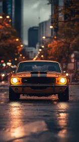 Cinematic orange muscle car on wet urban boulevard at dusk.