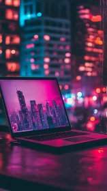 Neon laptop window folds one electric city into another