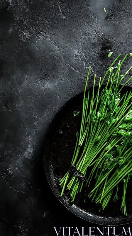 Fresh herb stalks rest on black ceramic plate surface