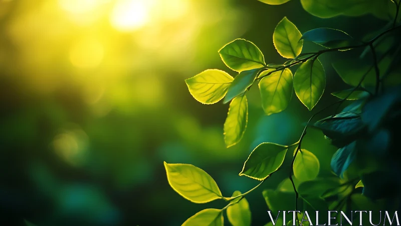 Sunlit Green Leaves Close-Up with Soft Natural Bokeh Background.
