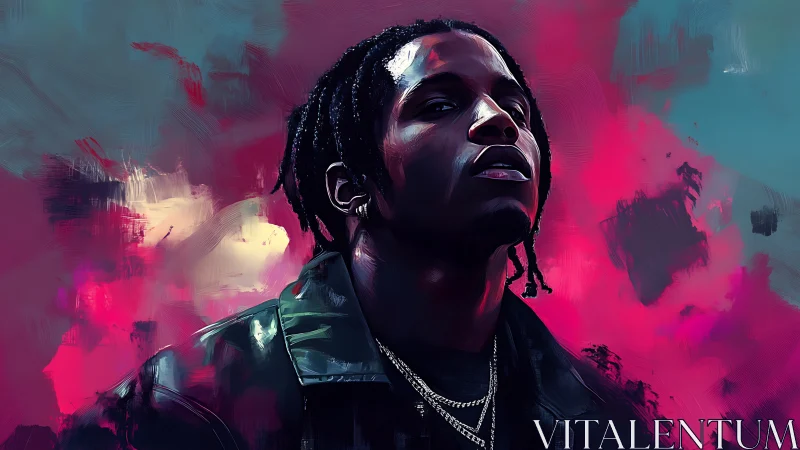 Bold portrait in neon skies and painted electric shadows.