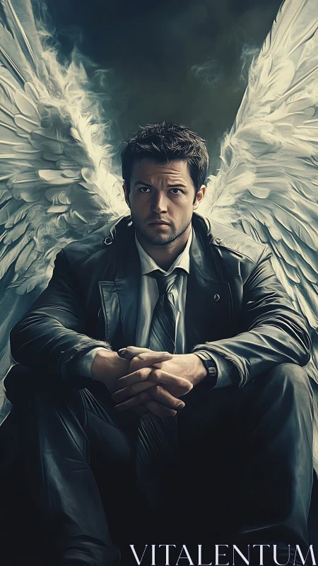 Winged male figure seated in dark coat and tie indoors.