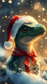 Santa-clad snow lizard guarding a twinkling winter burrow.