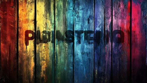 Rainbow planks glow with hidden stencil wordplay in paint.