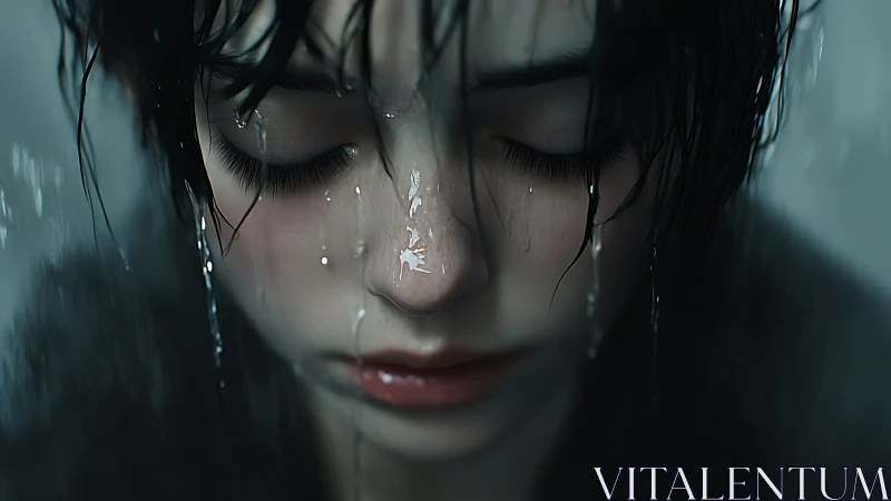 Hydrodynamic portrait of closed-eyed youth under cascading water.