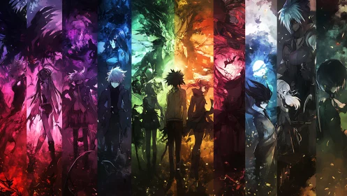 Stylized anime characters arranged in vertical color panels
