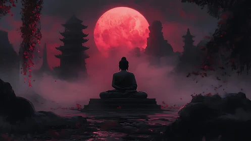 Lunar-illuminated monk silhouette in misty pagoda valley.