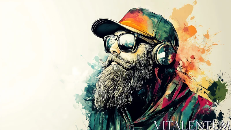Vibrant digital portrait of bearded man with headphones and cap