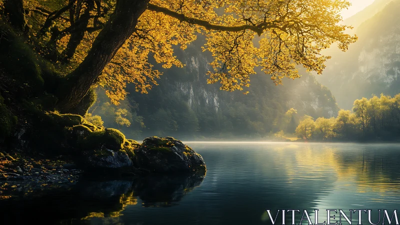 Radiant lacustrine canopy with volumetric dawn illumination.