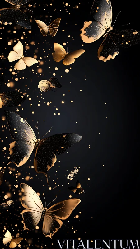 Golden metallic butterflies ascend across deep black field