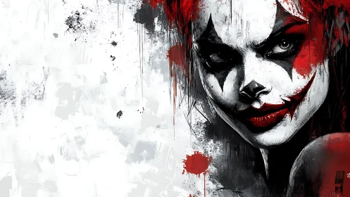 Clown painted face stares forward in gritty red monochrome