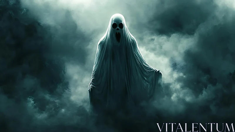 Ghostly shrouded figure emerges from dense swirling fog