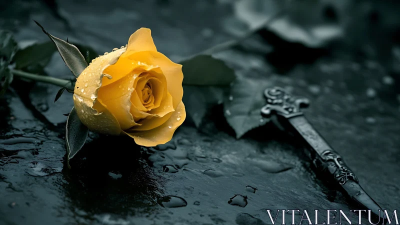Glistening yellow rose and ornate dagger on wet stone surface.