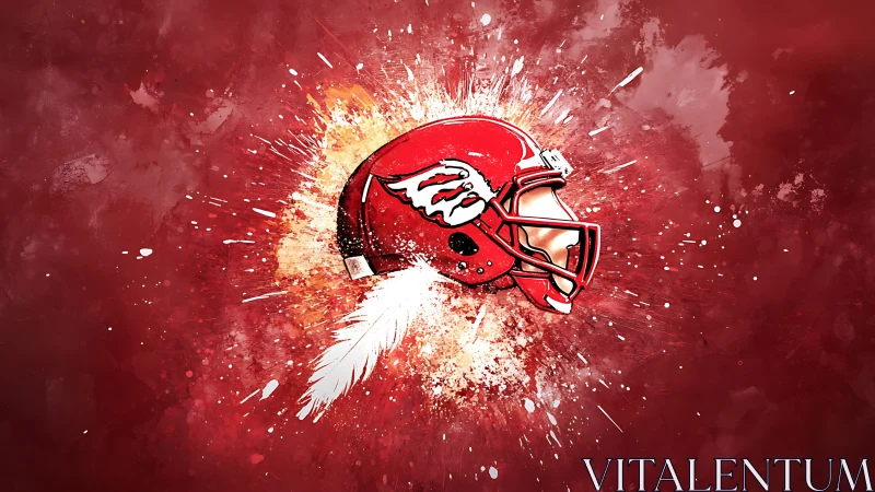 Red football helmet is centered over a radial paint burst