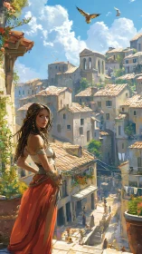 Young woman surveys sunlit Mediterranean hill town