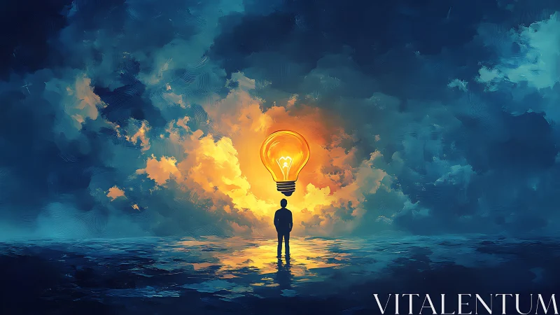 Lone figure under glowing lightbulb in luminous skyscape.