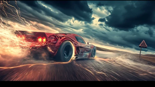 Red sports car on wet highway with storm clouds overhead.