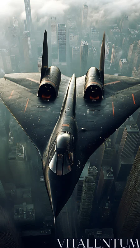Stealth recon jet over misty metropolis in cinematic light.
