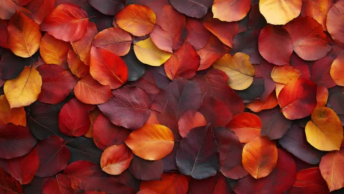Autumn foliage macro study renders layered red and gold leaves