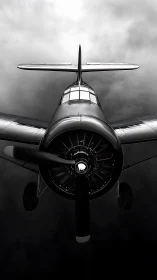 Vintage propeller aircraft ascends through stormy sky drama