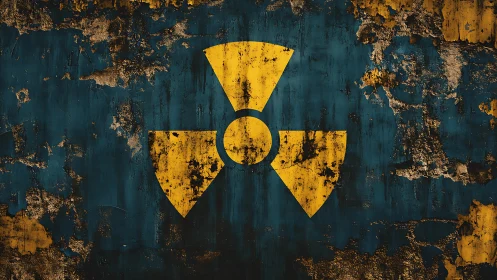 Radiation warning symbol on weathered painted metal surface.