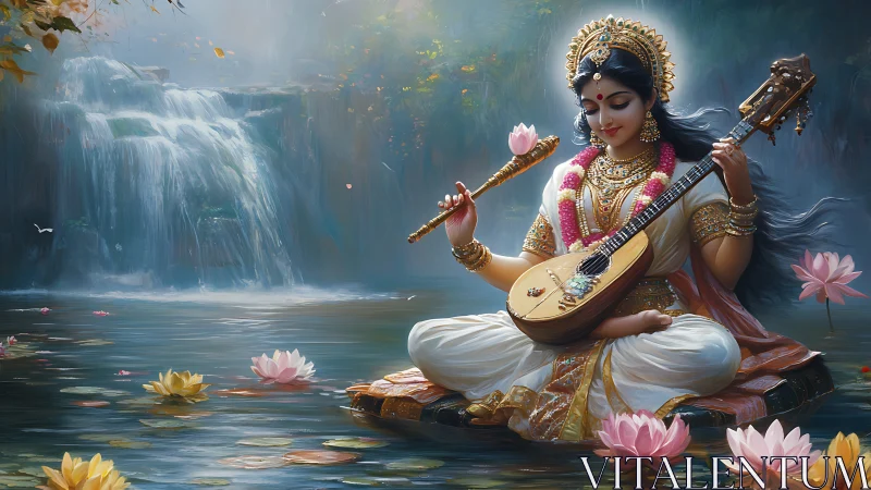 Goddess with veena meditates on lotus lake below waterfall