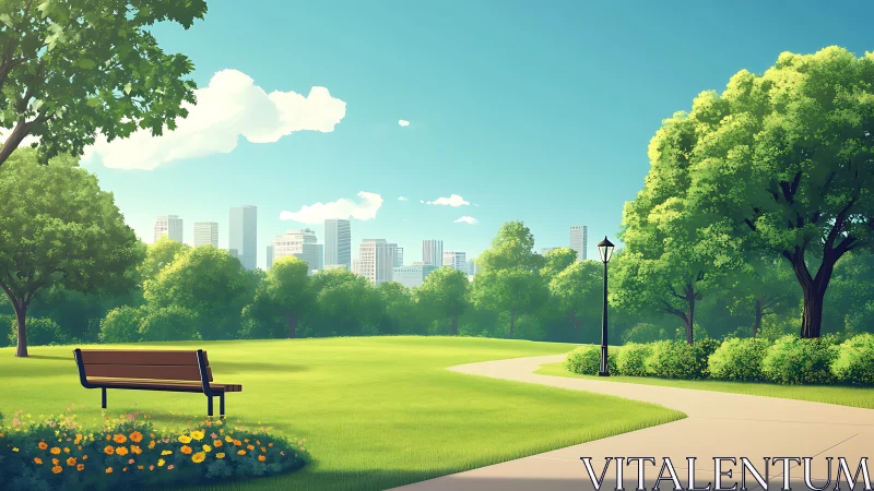 Digital painting of sunlit urban park with skyline backdrop.