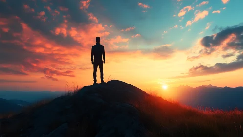 Silhouette lone hiker faces blazing mountain sunrise horizon.