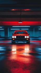 Neon-lit classic coupe in cinematic underground symmetry study.