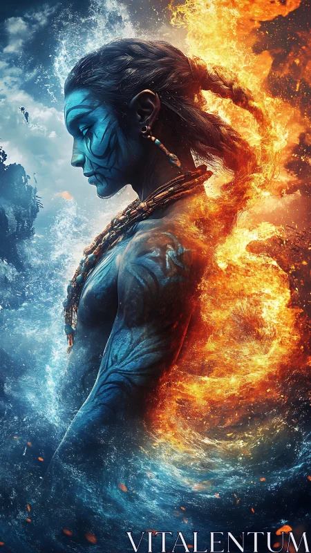 Elemental warrior profile in bifurcated fire and water field.