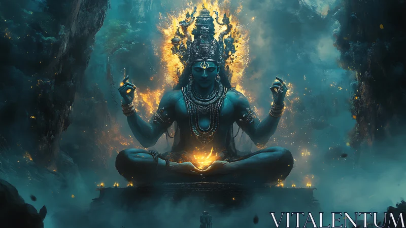 Mythic blue deity rendered with volumetric fire and atmospheric fog