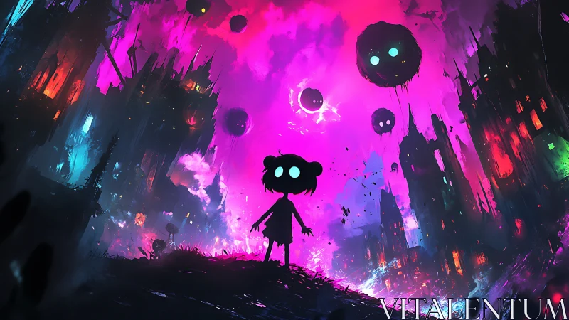 Silhouetted child under glowing orbs in neon ruinscape.