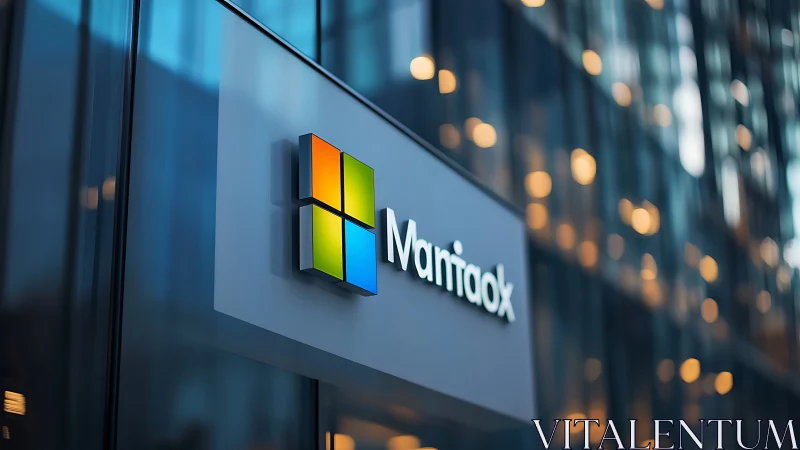 Corporate facade with pseudo-Microsoft logo signboard at dusk.