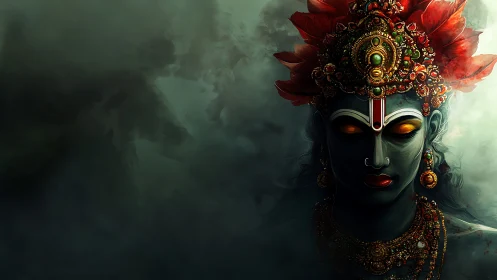 Divine blue deity amid swirling shadowed mistscape.