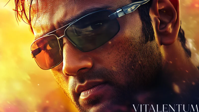 Intense male portrait with mirrored sunglasses, golden bokeh glow
