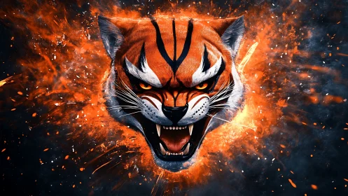 Fiery digital tiger head exploding through dark void.