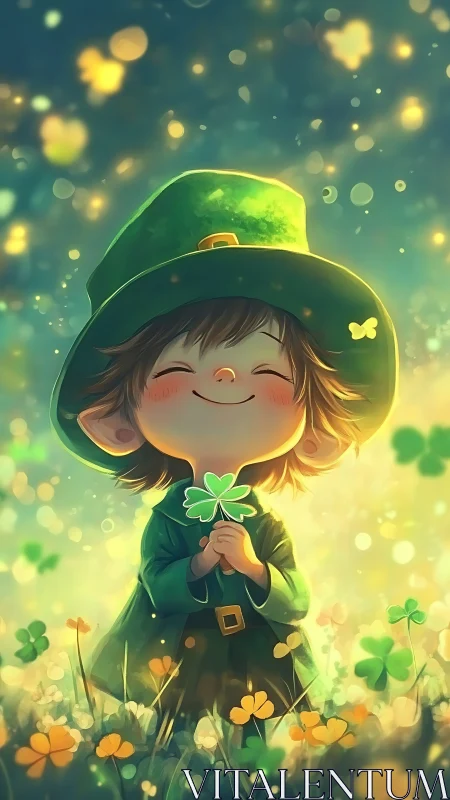 Joyful leprechaun child glowing amid shamrock bokeh field.