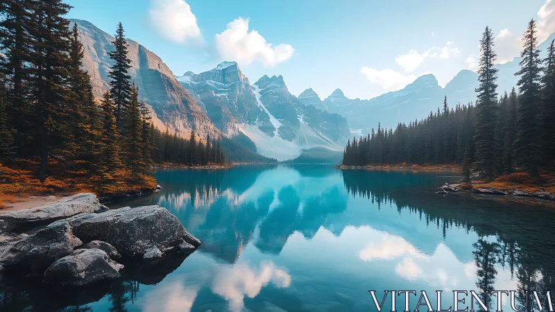 Glacial lake symmetry under alpine conifer arrays at dawn.