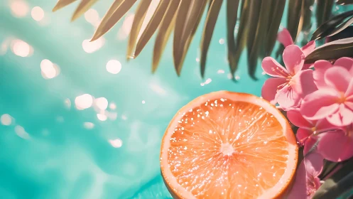 Citrus slice and tropical blooms by sunlit turquoise water.