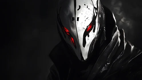 Masked cyborg figure with red eyes in dark setting.