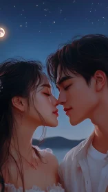 Romantic Moonlit Kiss Under Starlit Night Sky.