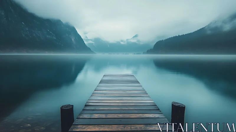 Foggy alpine lake with wooden pier and mirrored reflections