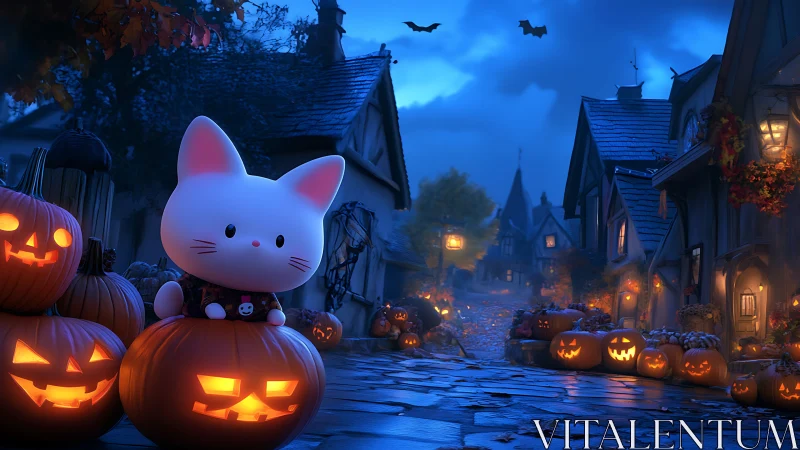 Cute Cat Welcomes Halloween in a Cozy Village.